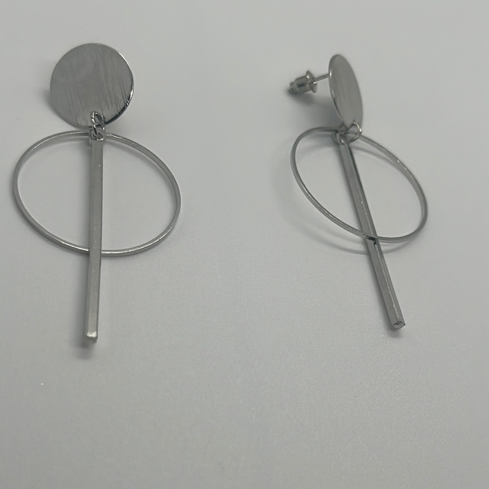 New! Modern Geometric Silver Dangle Earrings - Circle Bar Statement Jewelry — image 4 of 8